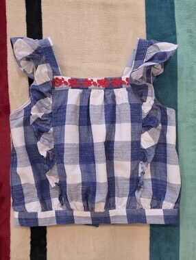Janie and Jack Blue White Gingham Ruffle Tank Embroidered Red Floral Trim